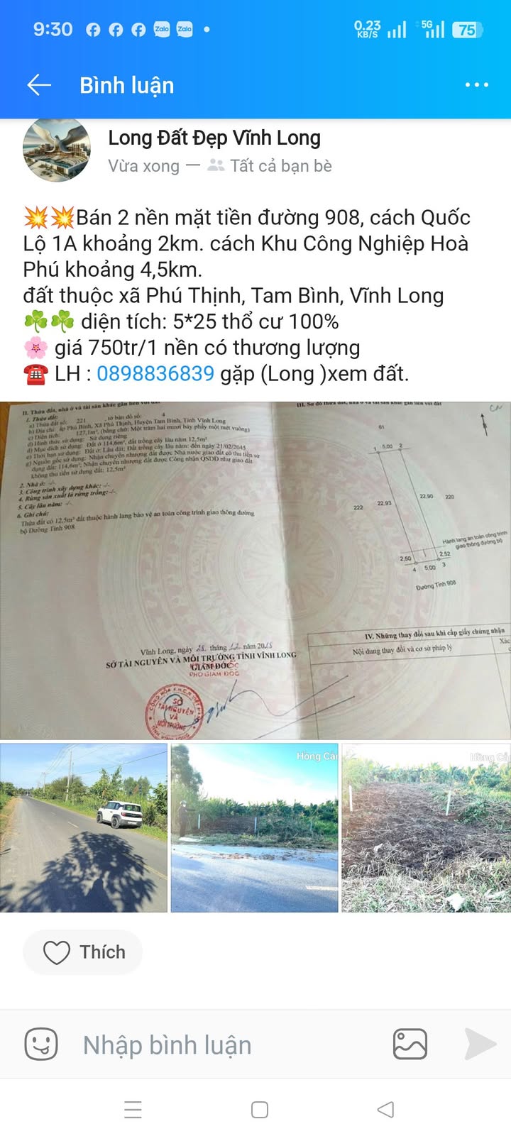 Đất nền mặt tiền đường 908, xã Phú Thịnh, 125m² giá 750 triệu - Cơ hội đầu tư tuyệt vời!