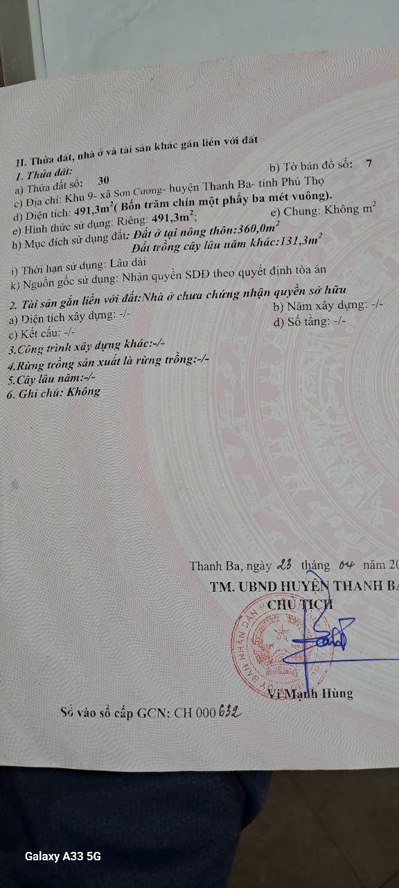 Đất thổ cư 491m² tại khu phố 9, xã Sơn Cương, huyện Thanh Ba - Giá chỉ 1 tỷ!