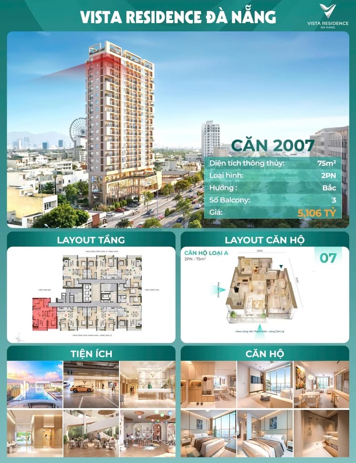 Căn hộ Vista Residence Đà Nẵng 75m² giá 5.106 tỷ - Căn góc view đẹp