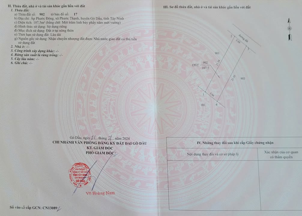 Đất thổ cư 105m² tại Phước Thạnh, Tây Ninh - Sổ đỏ chính chủ, giá chỉ 500 triệu!