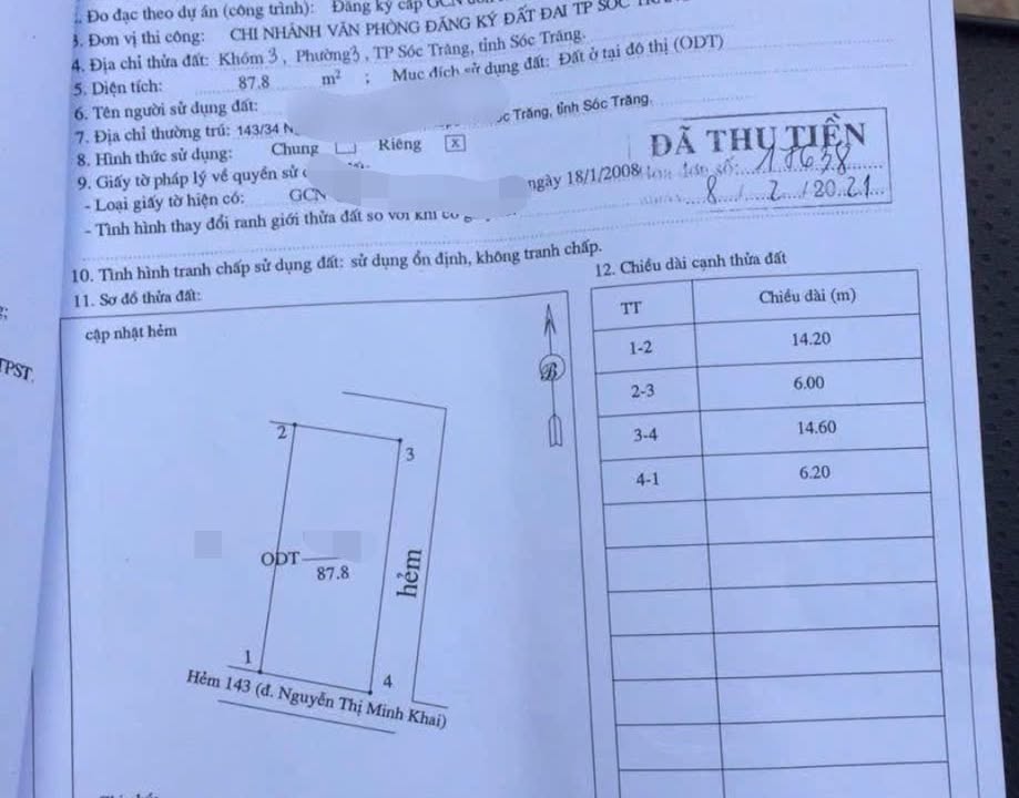 Đất nền góc 2 mặt tiền Hẻm 143 Nguyễn Thị Minh Khai, Sóc Trăng 84m² - Cơ hội đầu tư tuyệt vời!