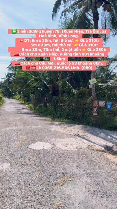 Đất thổ cư mặt tiền đường Huyện 78, xã Hòa Bình, Vĩnh Long giá chỉ 310 triệu!