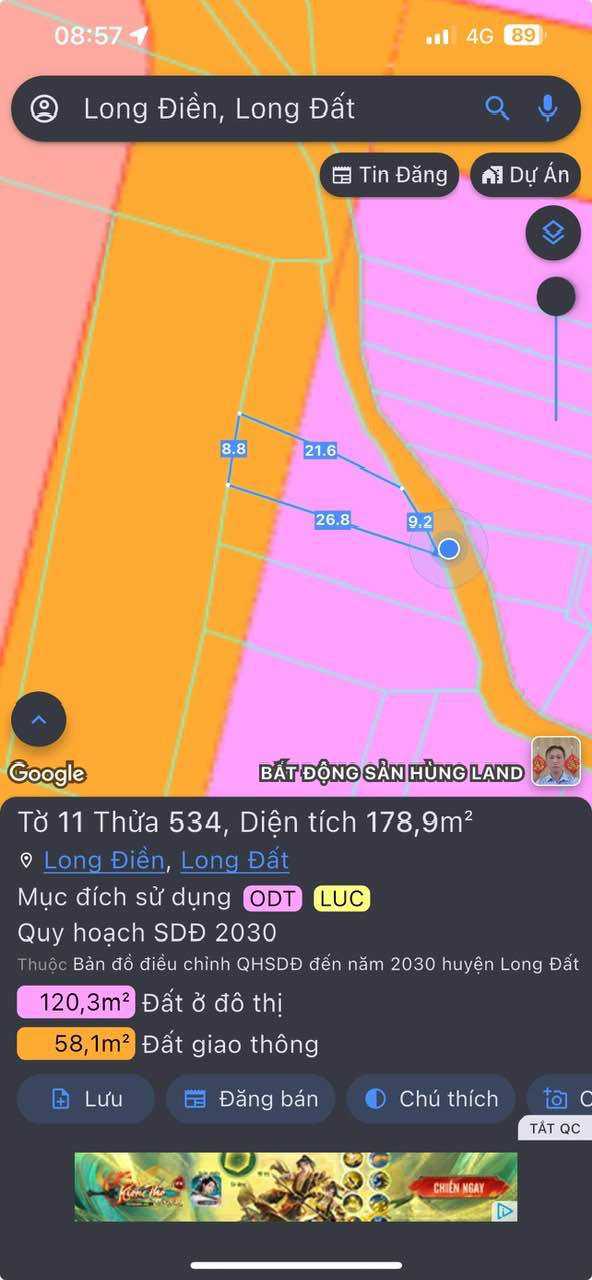 Đất thổ cư 178m² đường Nguyễn Văn Trỗi, Long Đất - Giá chỉ 1.55 tỷ!