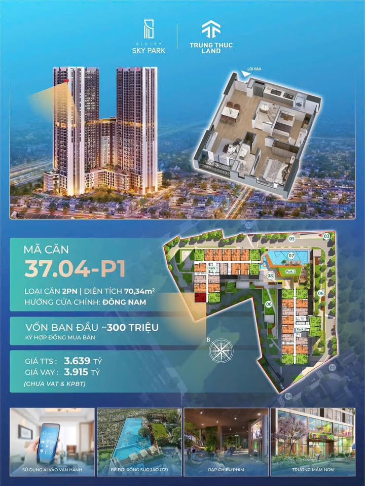 Căn hộ 1PN+1 tại Picity Sky Park Dĩ An 55,61m² giá 2,718 tỷ - Sở hữu ngay không gian đẳng cấp!