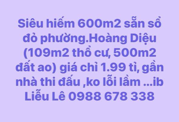 Đất nền 600m² Hoàng Diệu, Thái Bình giá 1.99 tỷ - Sổ đỏ chính chủ, vị trí đắc địa!