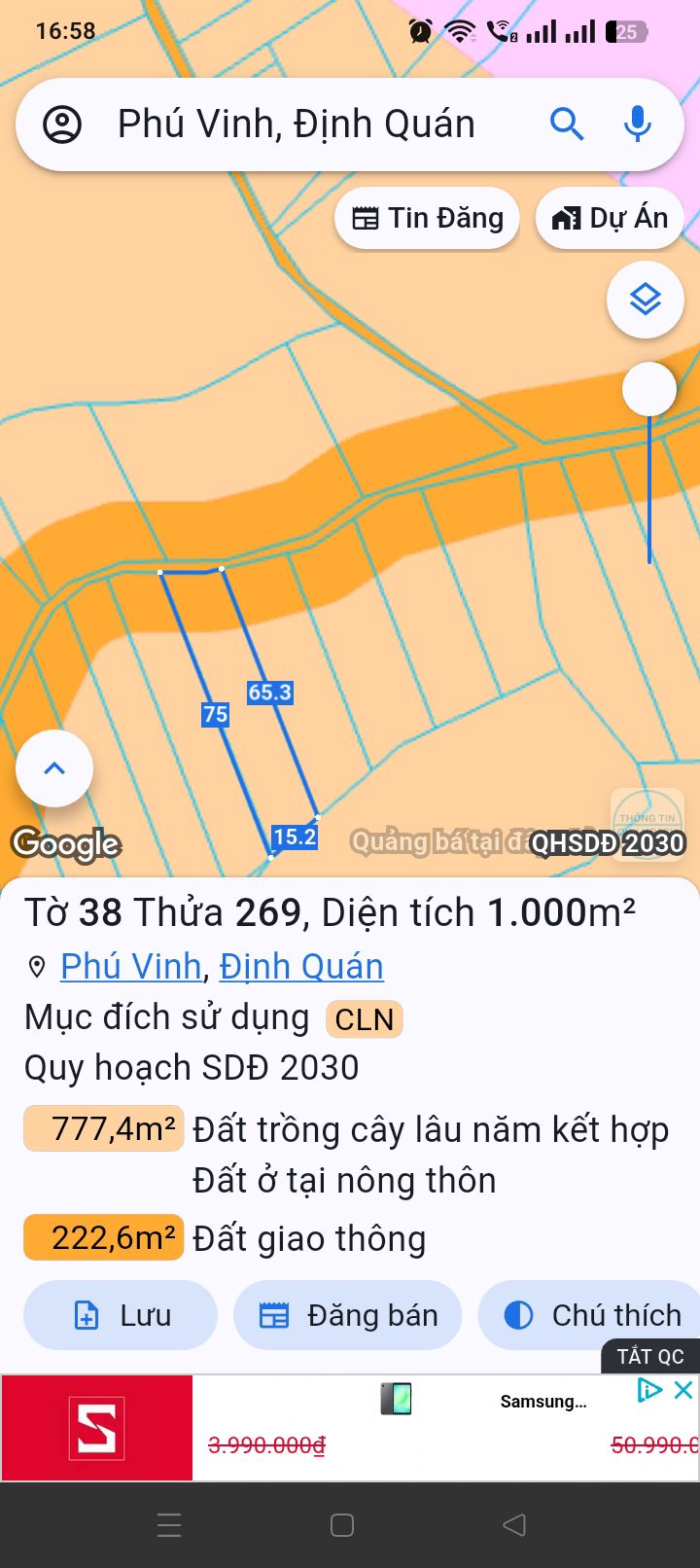Đất nền 1 sào xã Phú Vinh, Đồng Nai giá 850 triệu - Gần chợ đêm Định Quán!
