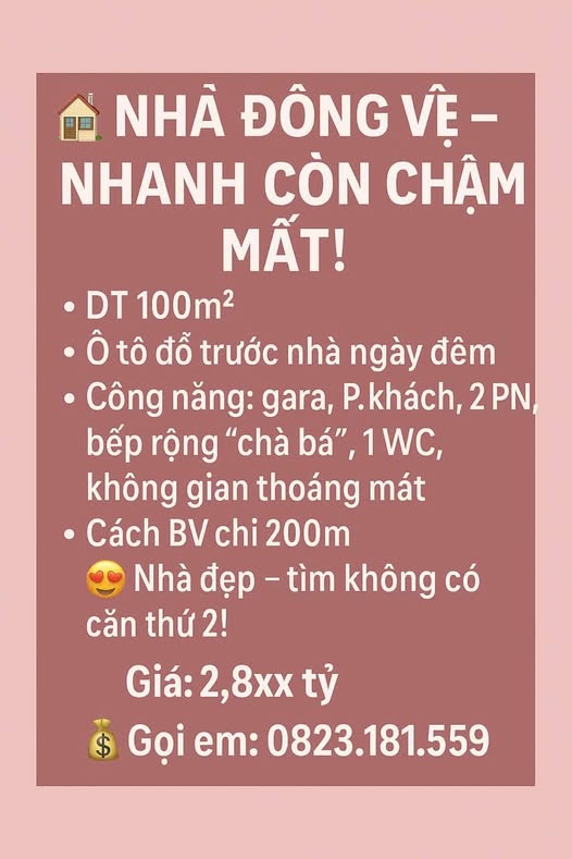 Nhà Đông Vệ 100m² giá 2.8 tỷ – Ô tô đỗ ngay trước cửa!