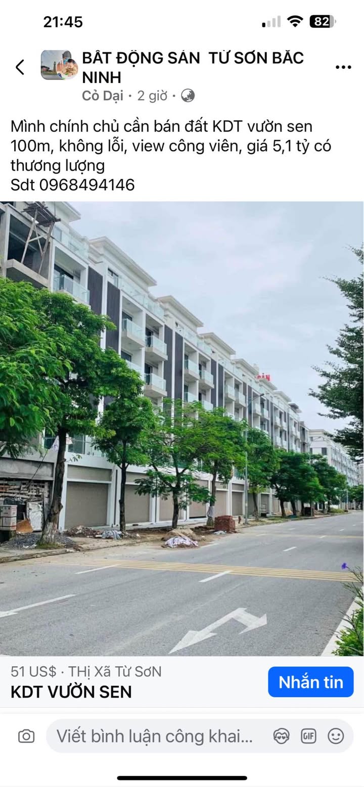 Đất nền KDT Vườn Sen Từ Sơn 100m² giá 5.2 tỷ - View công viên thoáng mát!