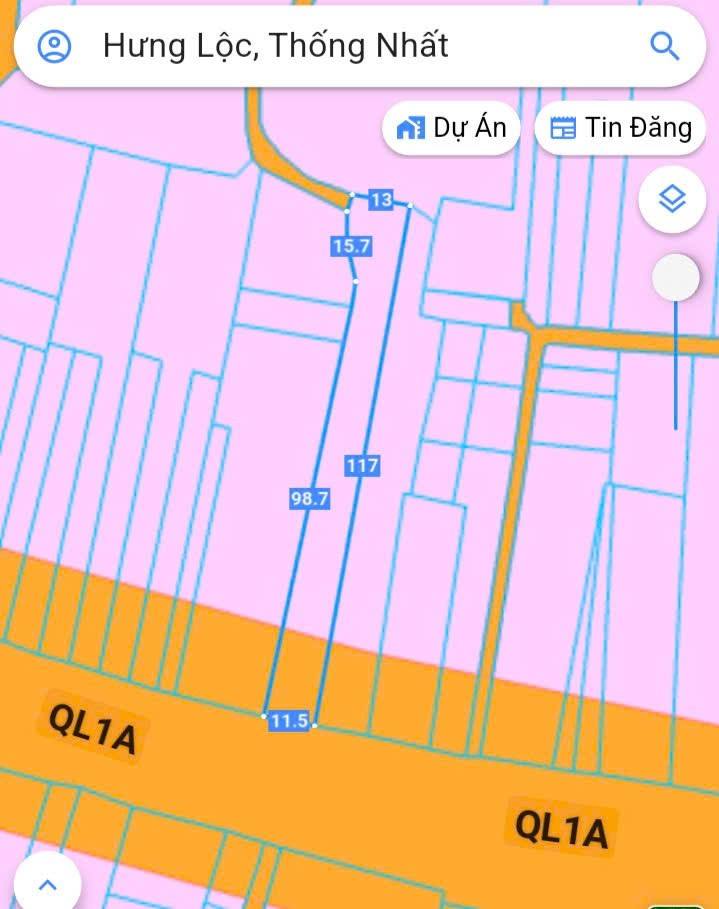 Đất nền 2 mặt tiền Quốc lộ 1A, Hưng Lộc, Thống Nhất 1215m² giá 6.28 tỷ - Tiềm năng đầu tư lớn!