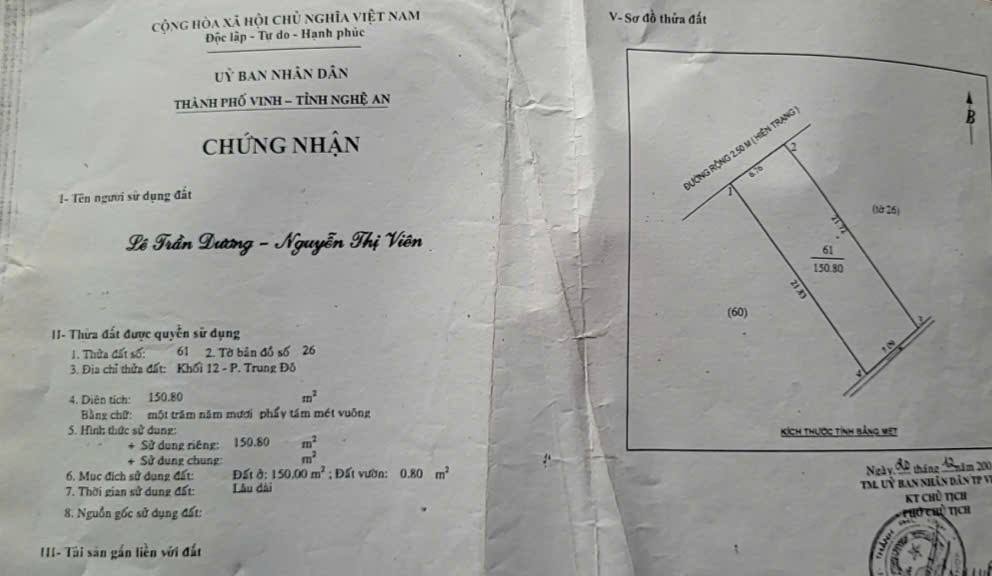 Bán đất tặng nhà cấp 4 tại Vinh 150m² giá 5.5 tỷ - Hướng Tây Bắc tài lộc!