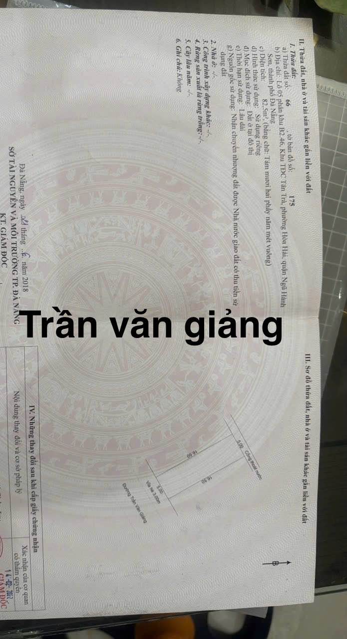 Đất nền đường Trần Văn Giảng, quận Ngũ Hành Sơn, Đà Nẵng - Diện tích 82.5m², giá 4.9 tỷ - Đầu tư lý tưởng!