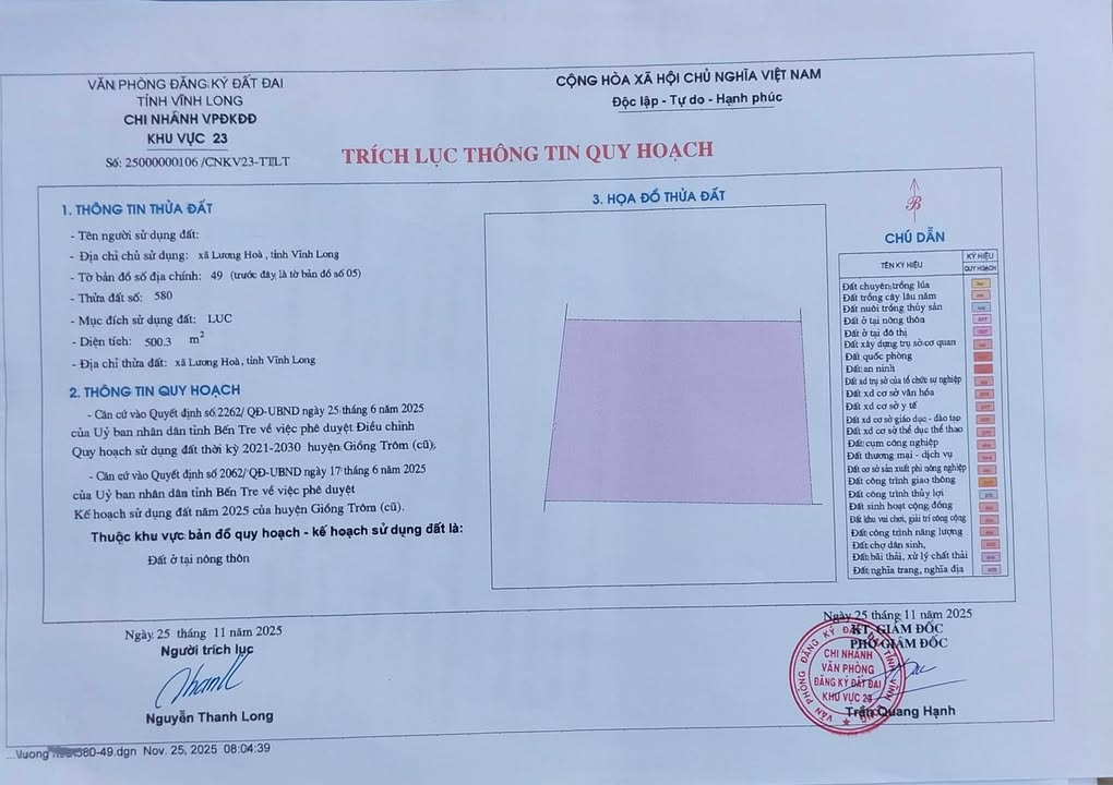 Đất thổ cư Lương Hòa, Giồng Trôm 500m² giá chỉ 580 triệu - Cơ hội đầu tư hấp dẫn!