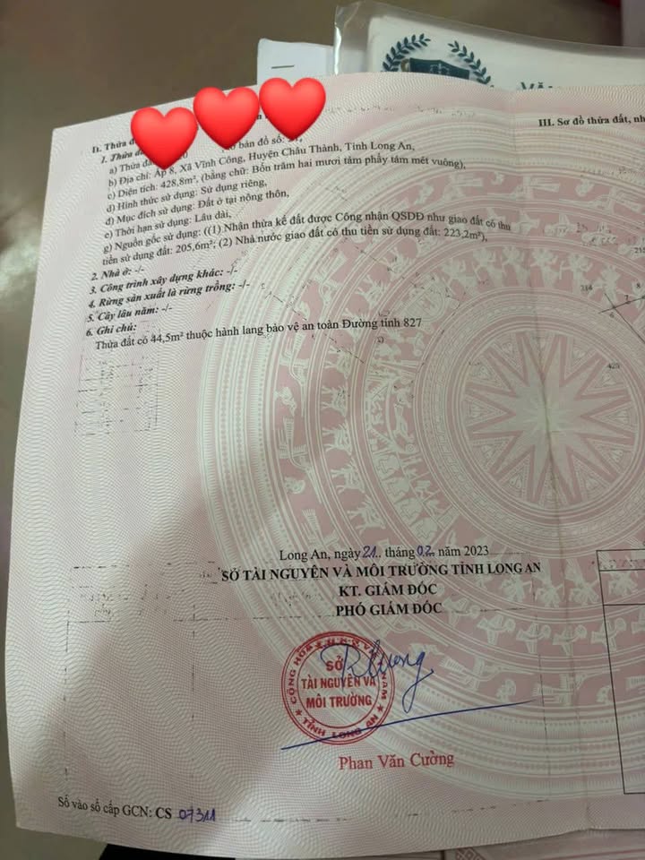 Đất thổ cư 428m² mặt tiền Tỉnh lộ 827A, xã Vĩnh Công, giá 6.8 tỷ - Cơ hội đầu tư tuyệt vời!