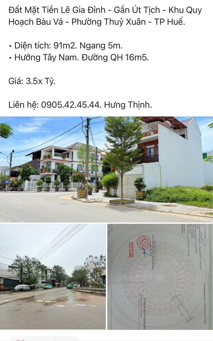 Đất Mặt Tiền Lê Gia Đỉnh, Thủy Xuân 91m² giá 3.5 tỷ - Đầu tư sinh lời ngay!