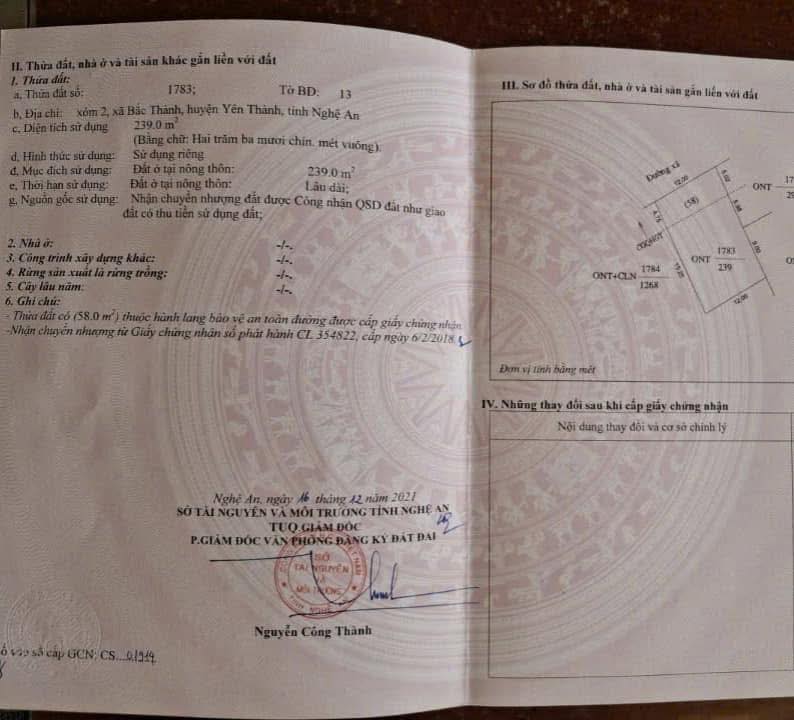 Đất thổ cư tại khu phố 2, Bắc Thành, Yên Thành - Diện tích 239m², giá 1 tỷ VND - Cơ hội đầu tư tuyệt vời!