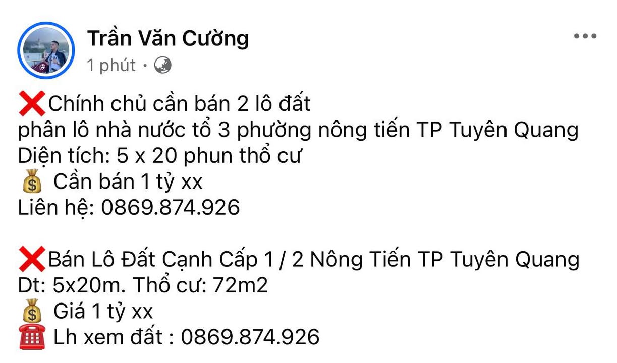 Đất nền chính chủ Nông Tiến Tuyên Quang 100m² giá chỉ 1 tỷ - Đầu tư sinh lời ngay!
