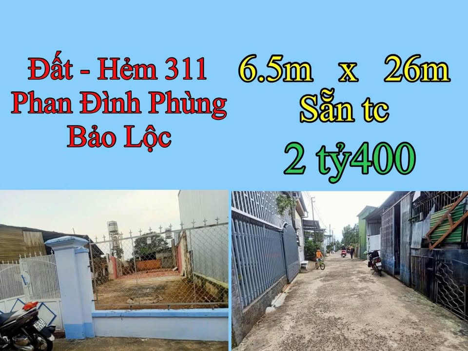 Đất mặt tiền hẻm 311 Phan Đình Phùng Bảo Lộc 169m² giá 2.4 tỷ - Sẵn sàng xây dựng!