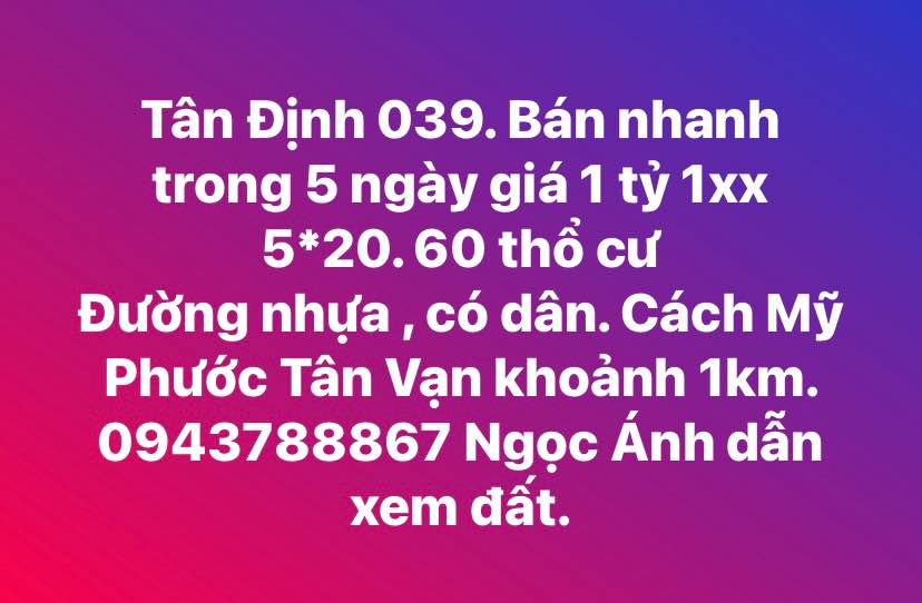 Đất thổ cư Tân Định, Bến Cát 100m² giá 1.1 tỷ - Sổ đỏ chính chủ, nhanh tay sở hữu!