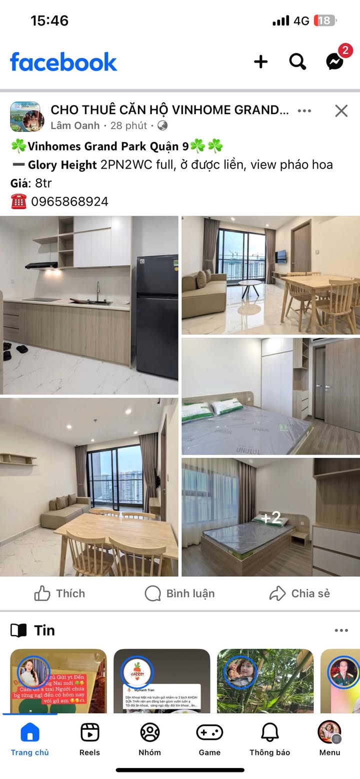 Căn hộ Glory Height Quận 9 2PN 8 triệu - View pháo hoa tuyệt đẹp!