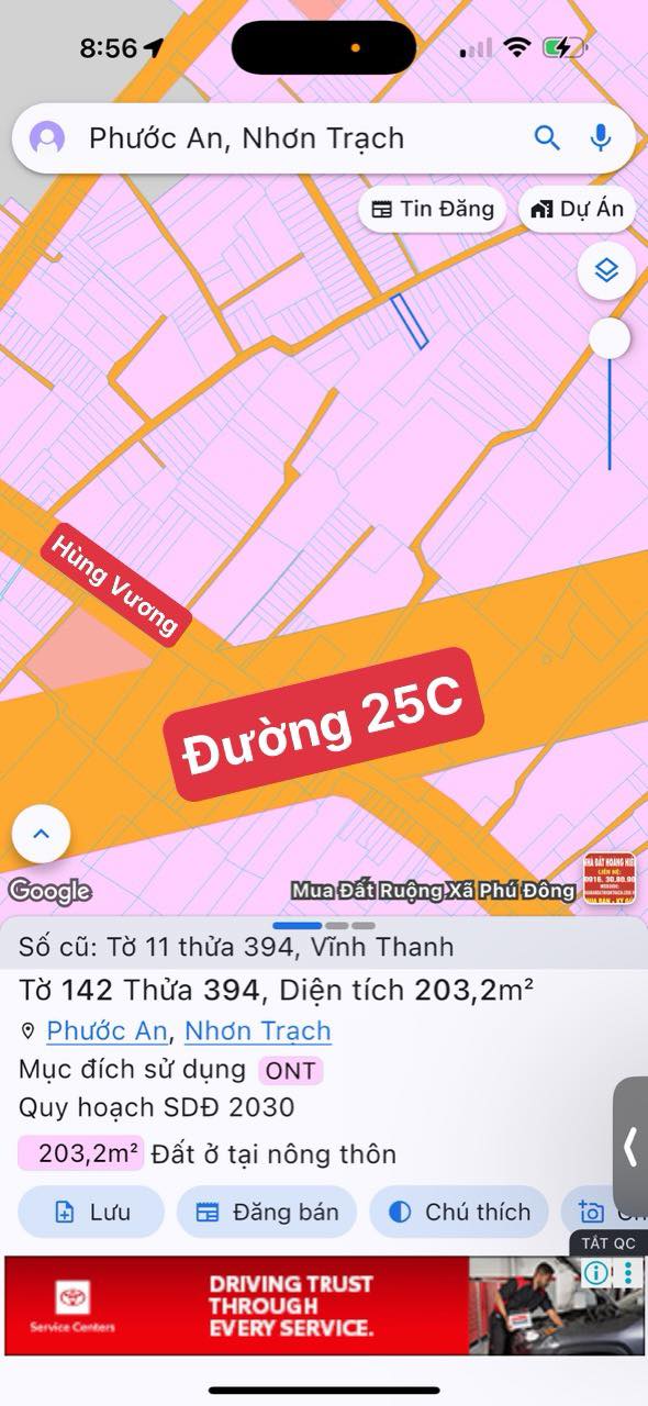 Đất nền Vĩnh Thanh, Nhơn Trạch 203m² giá 3.156 tỷ - Sổ hồng chính chủ, thổ cư 100%!
