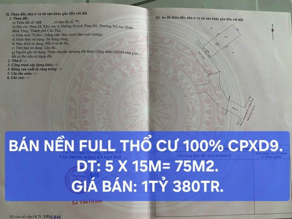 Đất nền thổ cư Bình Thủy 75m² giá 1.38 tỷ - Đường Huỳnh Phan Hộ, vị trí đẹp!