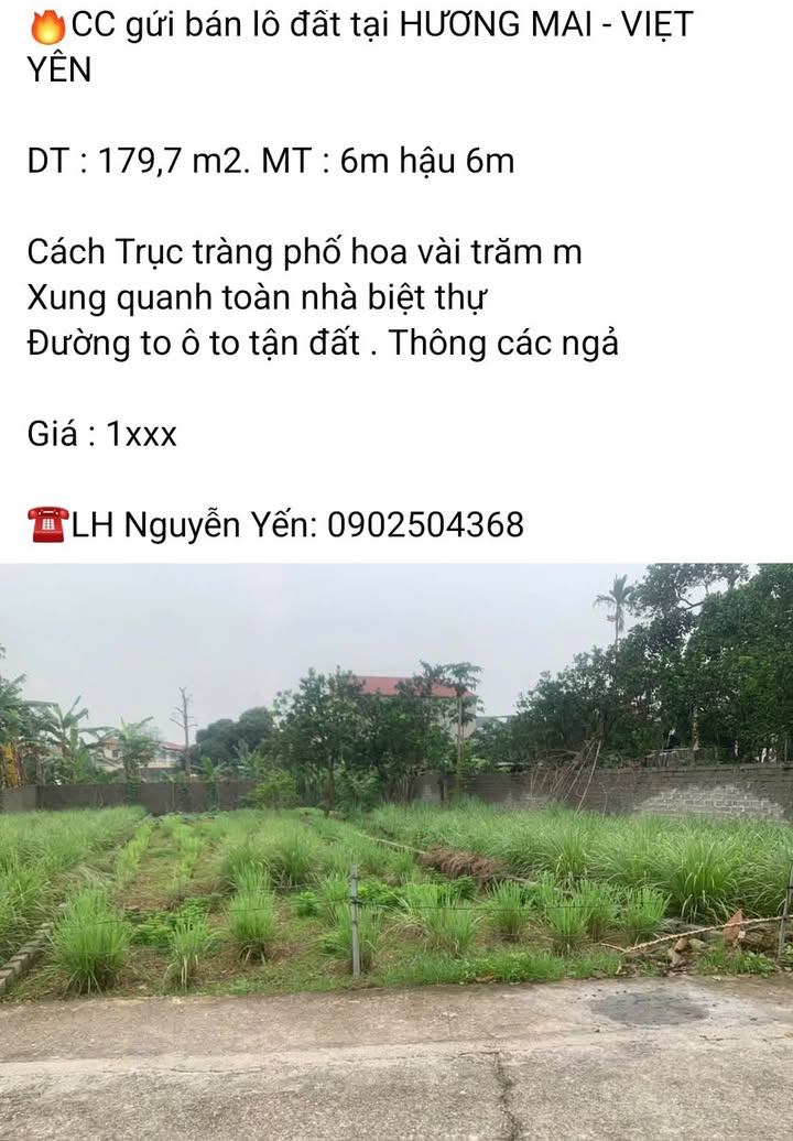 Đất nền Hương Mai, Việt Yên 179,7m² - Đường ô tô tận đất, vị trí đắc địa!