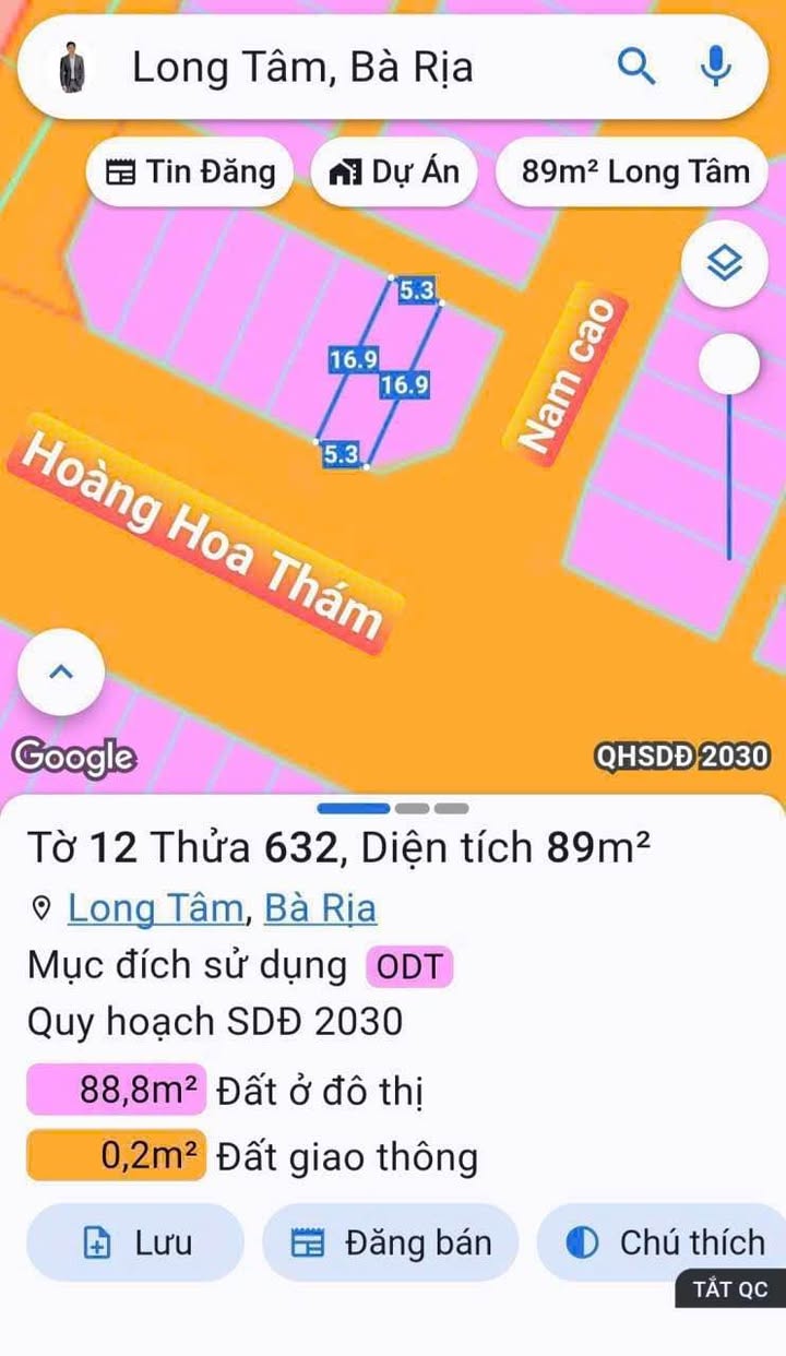 Đất mặt tiền Hoàng Hoa Thám, phường Long Tâm, 90m² giá 3.639 tỷ - Cơ hội đầu tư tuyệt vời!