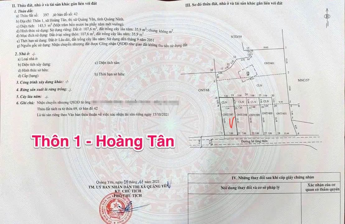 Đất nền tại Thôn 1, xã Hoàng Tân, Quảng Yên, 143.5m² - Đầu tư tiềm năng!