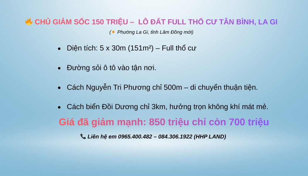 Đất thổ cư Tân Bình La Gi 151m² giá 700 triệu - Đầu tư sinh lời ngay!