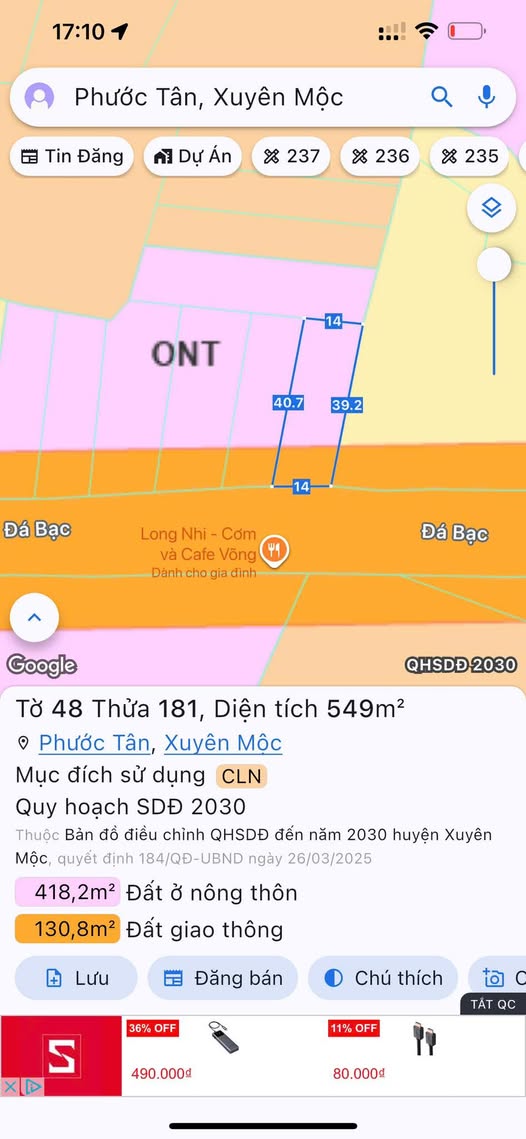 Đất mặt tiền Quốc Lộ Phước Tân, Xuyên Mộc 560m² giá 3.68 tỷ - Cơ hội đầu tư vàng!