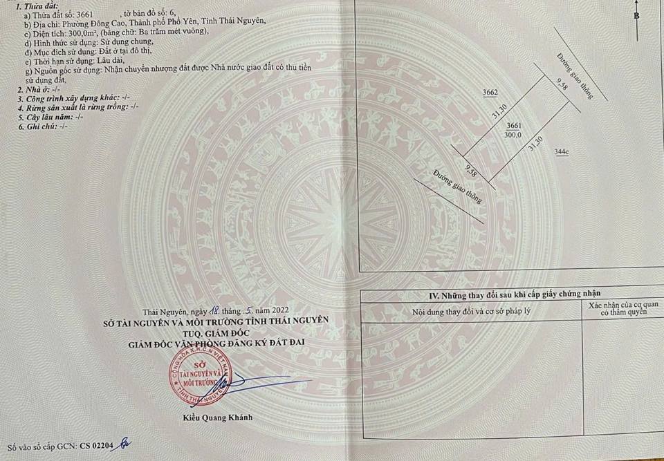 Đất thổ cư Đông Cao Phổ Yên 300m² giá 3 tỷ - Mặt tiền 9m58 thuận lợi!