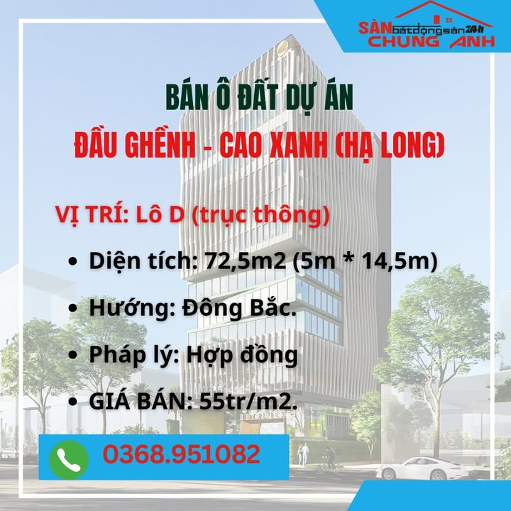 Bán đất Lô D dự án Đầu Ghềnh, Cao Xanh 72,5m² giá 4 tỷ - Cơ hội đầu tư hấp dẫn!