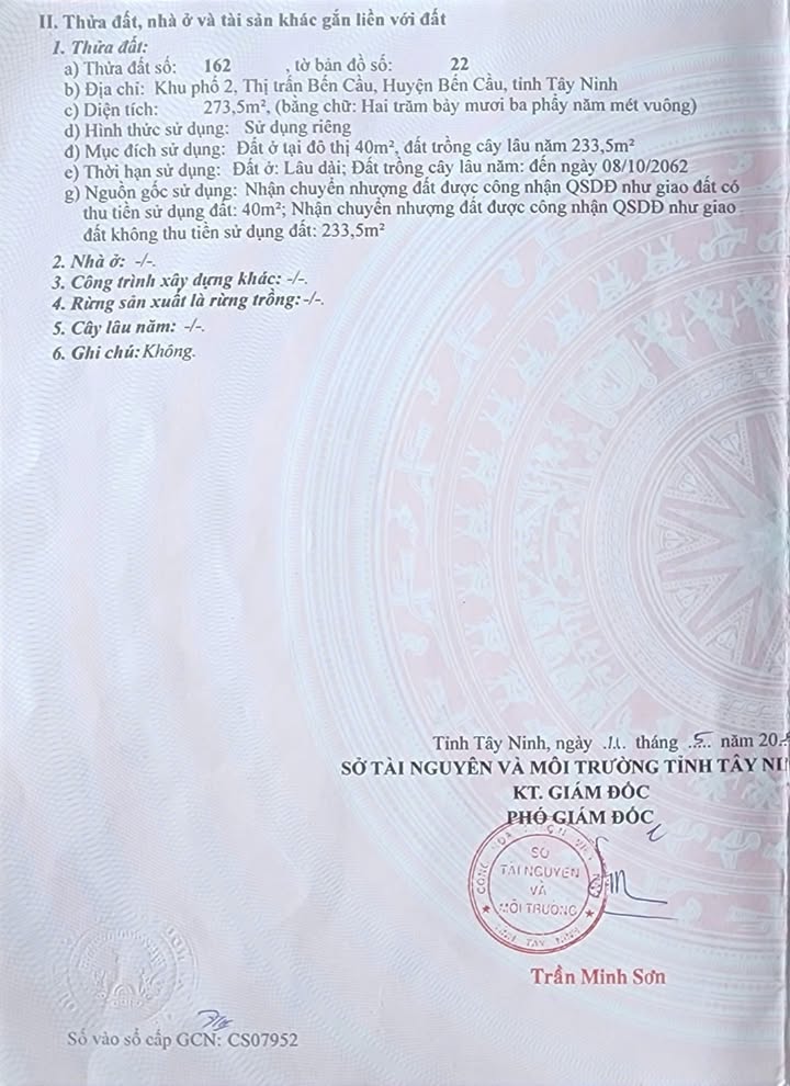 Đất thổ cư Khu phố 2 Thị Trấn Bến Cầu 280m² giá 1.25 tỷ - Vị trí trung tâm thuận lợi!