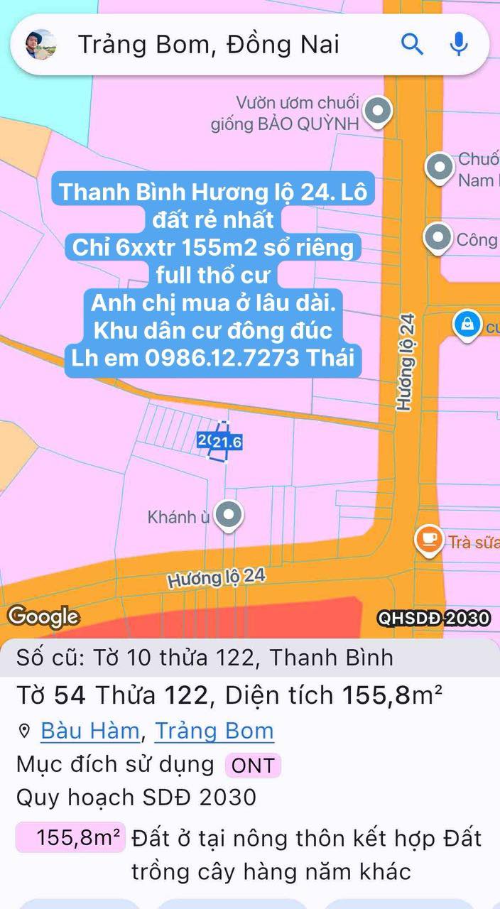 Đất nền Thanh Bình Trảng Bom 155m² giá chỉ 600 triệu - Sổ riêng chính chủ!