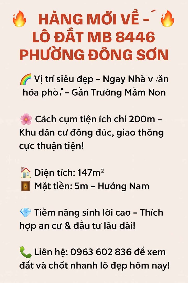 Lô đất 147m² phường Đông Sơn, giá chỉ 1 tỷ - Tiềm năng đầu tư cao!