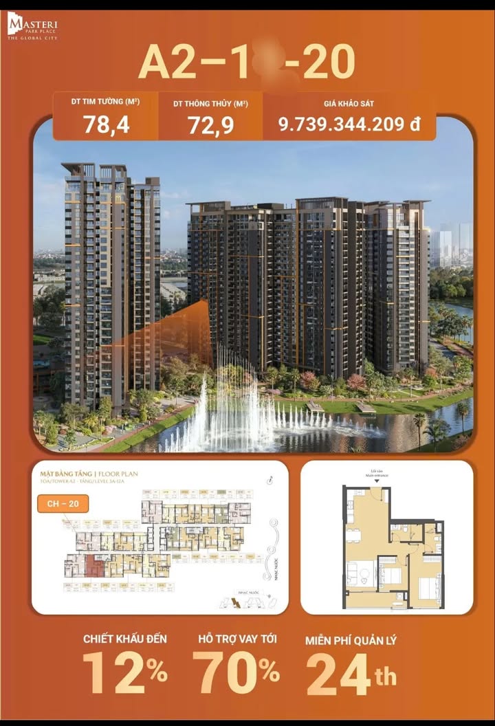 Căn hộ Masteri Park Place Thủ Đức 72.9m² giá 9.73 tỷ - Không gian sống xanh lý tưởng!