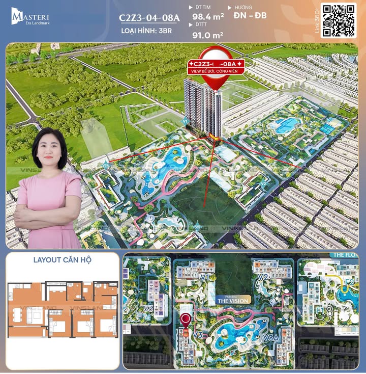 Căn hộ Masteri Era Landmark Văn Giang 66.7m² giá 4.1 tỷ - Căn góc đẳng cấp với view bể bơi tuyệt đẹp!