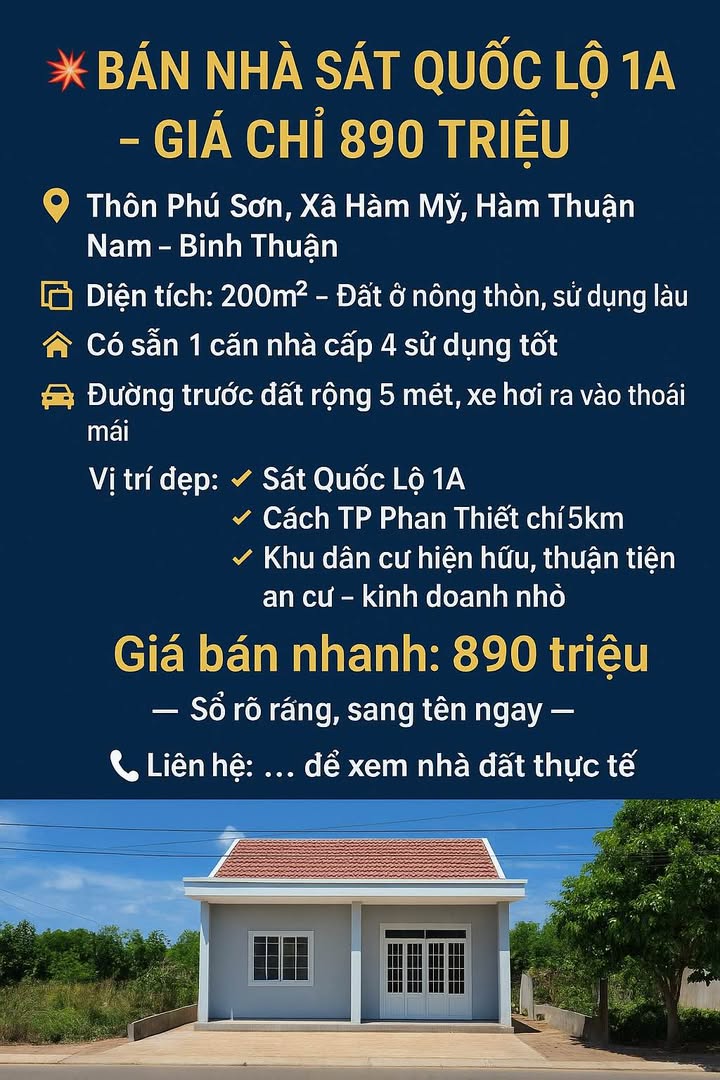 Nhà cấp 4 Thôn Phú Sơn, Hàm Mỹ, 200m² giá 890 triệu - Hướng Bắc, gần Quốc Lộ 1A!