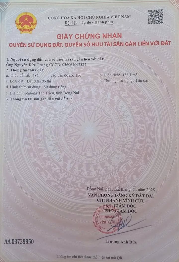 Bán đất thổ cư phường Tân Phong 186m² giá 9.3 tỷ - Chính chủ cần bán gấp!