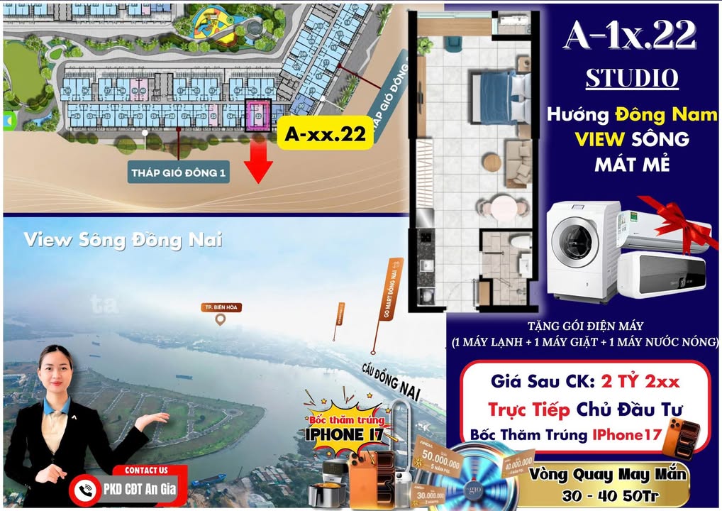 Căn hộ Studio The Gió Riverside Dĩ An 41m² giá 2.2 tỷ - View sông Đồng Nai cực đẹp!