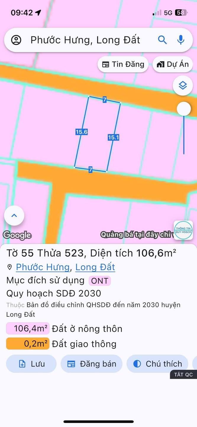 Đất Phước Hưng Long Điền 109m² giá 1.7 tỷ - Đất 2 mặt tiền bê tông!