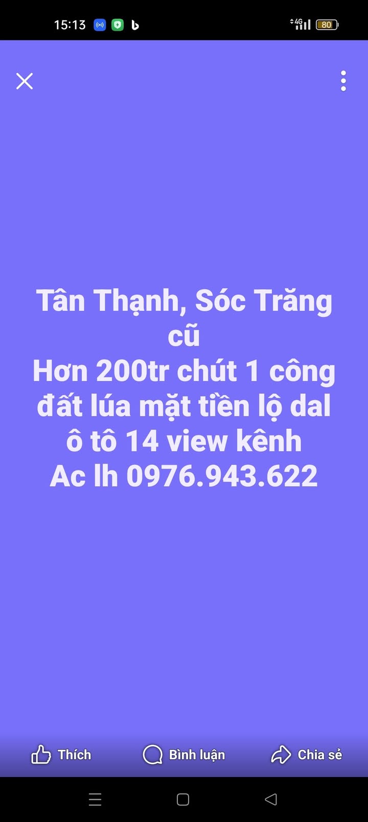 Đất lúa 1 công Tân Thạnh, Sóc Trăng giá 200 triệu - Mặt tiền lộ ô tô, view kênh