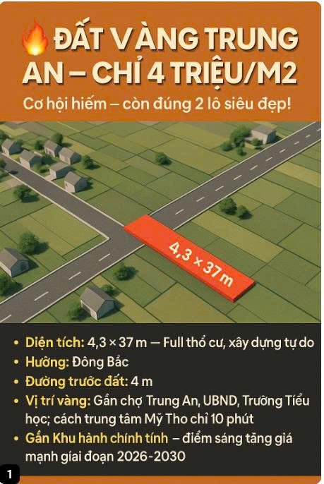 Lô đất 160m² phường Trung An, Mỹ Tho chỉ 700 triệu - Đầu tư sinh lời ngay!