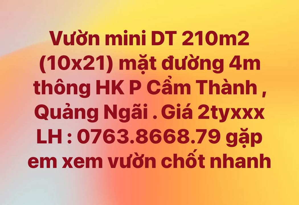 Đất vườn mini Cẩm Thành Quảng Ngãi 210m² giá 2 tỷ - Cơ hội đầu tư hấp dẫn!