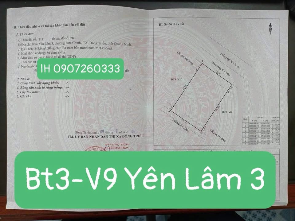 Đất biệt thự BT3-V9 Yên Lâm 345m² - Sổ đỏ chính chủ, vị trí trung tâm!