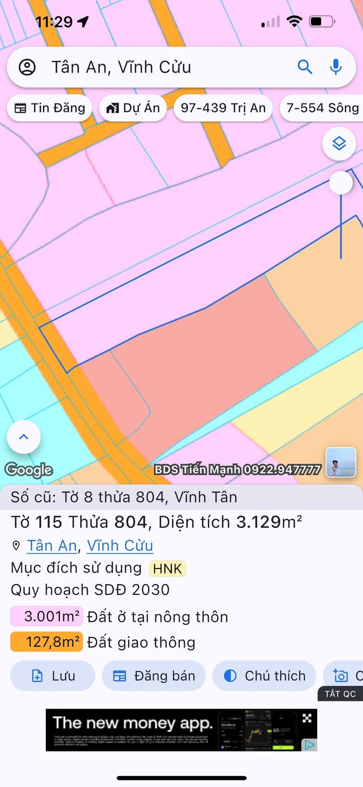 Đất nền Vĩnh Tân 3129m² giá 3.7 tỷ - Diện tích rộng, mặt tiền đẹp!