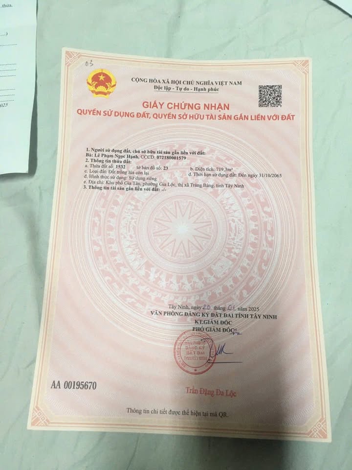 Đất ở Phường Gia Lộc, Trảng Bàng 720m² chỉ 720 triệu - Đầu tư sinh lời ngay!