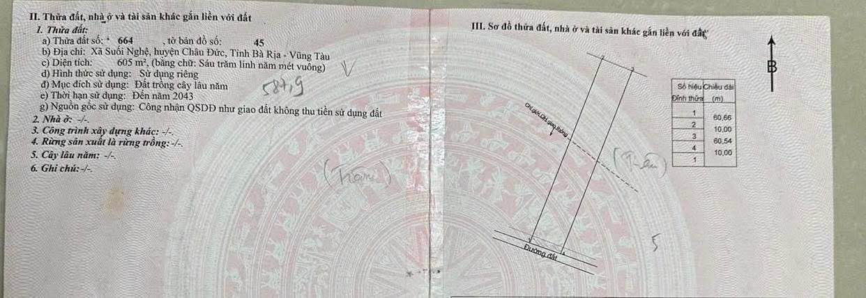 Bán lô đất 605m² tại Suối Nghệ, Xã Ngãi Giao - Giá 2.6 tỷ, cơ hội đầu tư hấp dẫn!