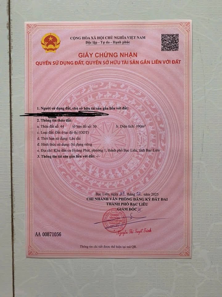 Đất nền KĐT Hoàng Phát Bạc Liêu 100m² giá 1 tỷ - Sổ hồng chính chủ