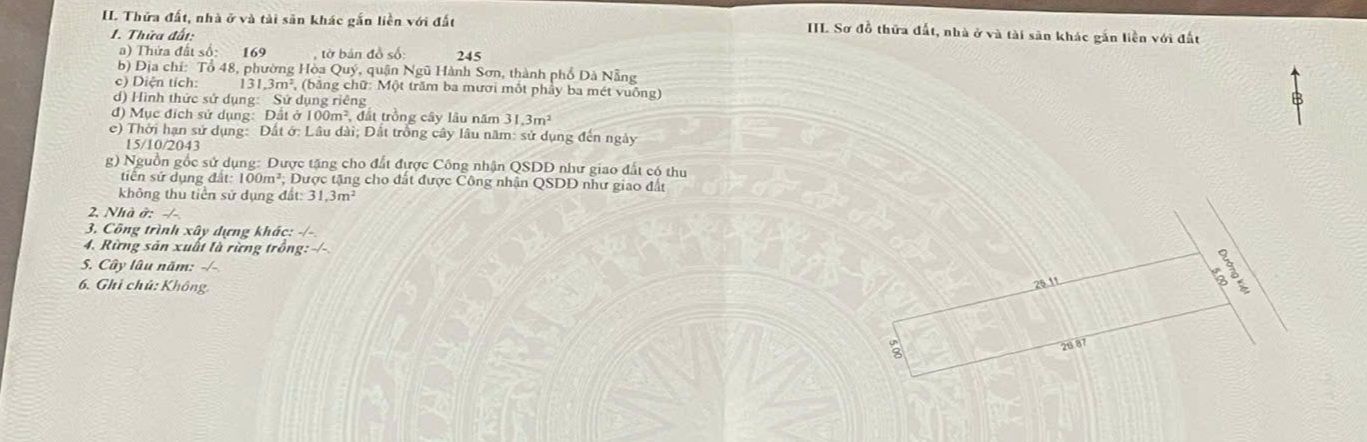 Đất đẹp tại Hòa Quý, Ngũ Hành Sơn, Đà Nẵng 245m² - Sổ đỏ chính chủ, đầu tư sinh lời!